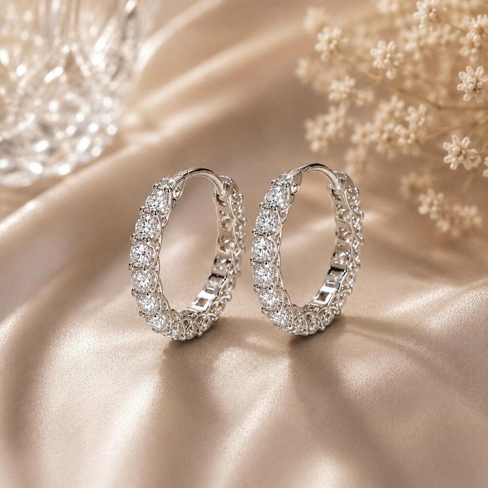 3 CTW Moissanite Eternity Hoop Earrings Sterling Silver Pavé Hoops